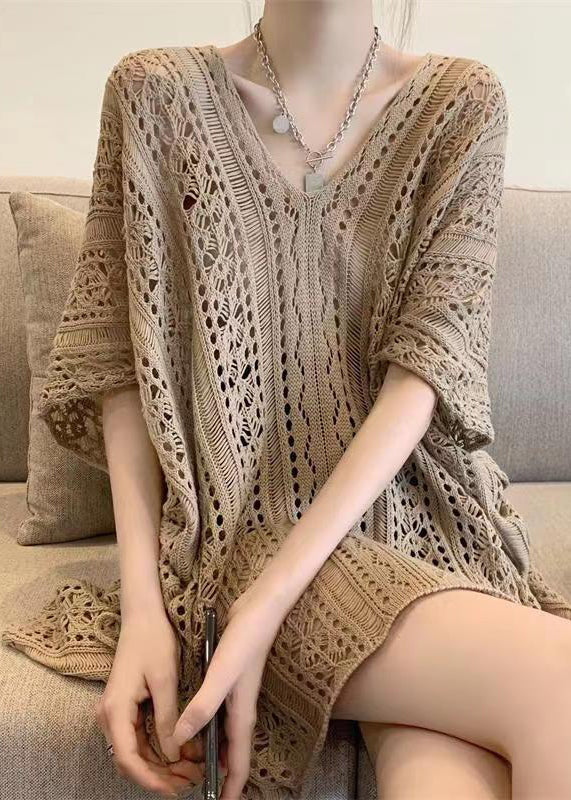 Stylish Green V Neck Hollow Out Knit Shirt Tops Summer