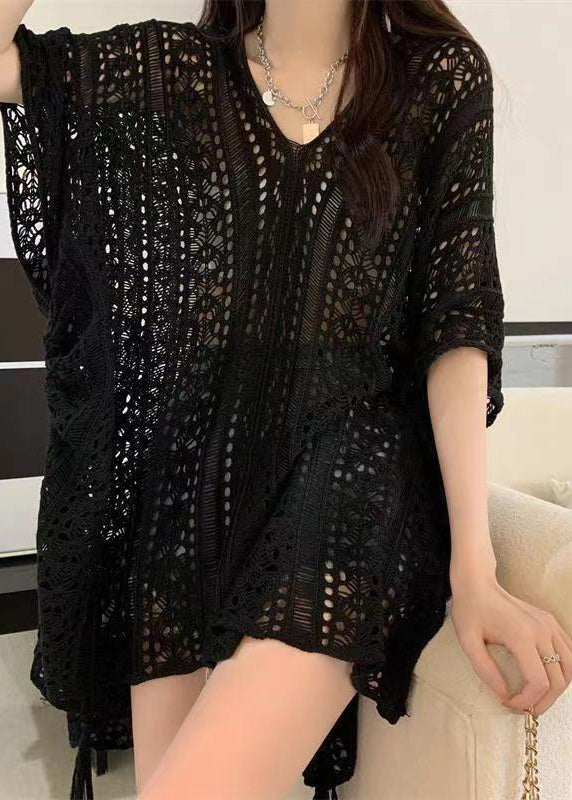 Stylish Green V Neck Hollow Out Knit Shirt Tops Summer