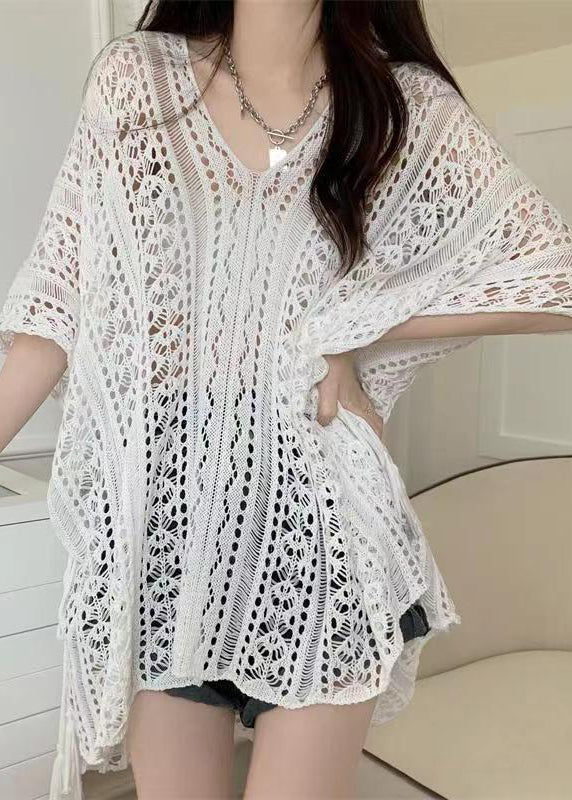 Stylish Green V Neck Hollow Out Knit Shirt Tops Summer