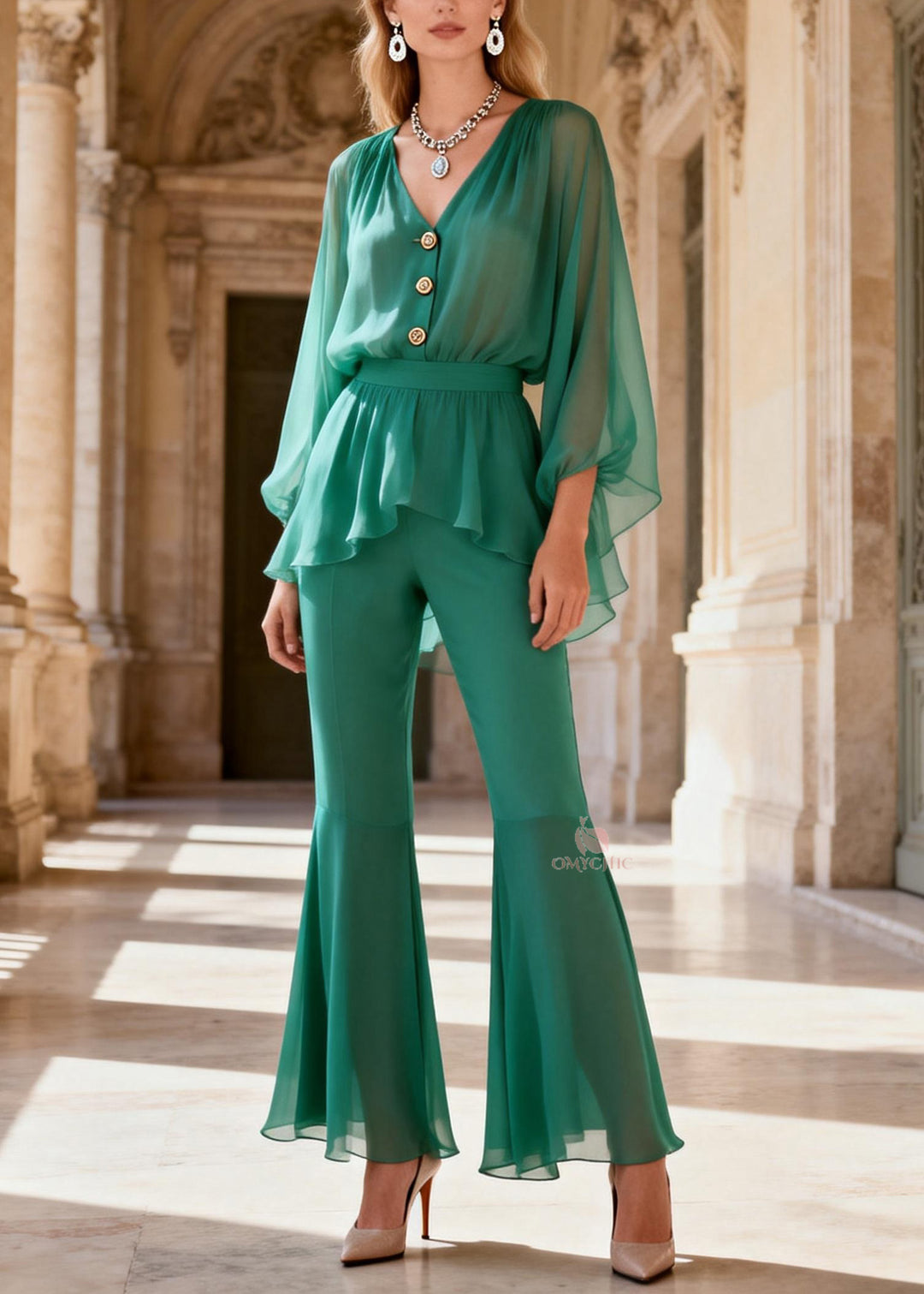 Stylish Green V Neck Patchwork Silk Two Piece Set Women Clothing Summer