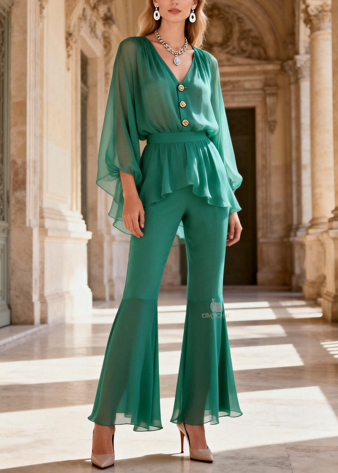 Stylish Green V Neck Patchwork Silk Two Piece Set Women Clothing Summer