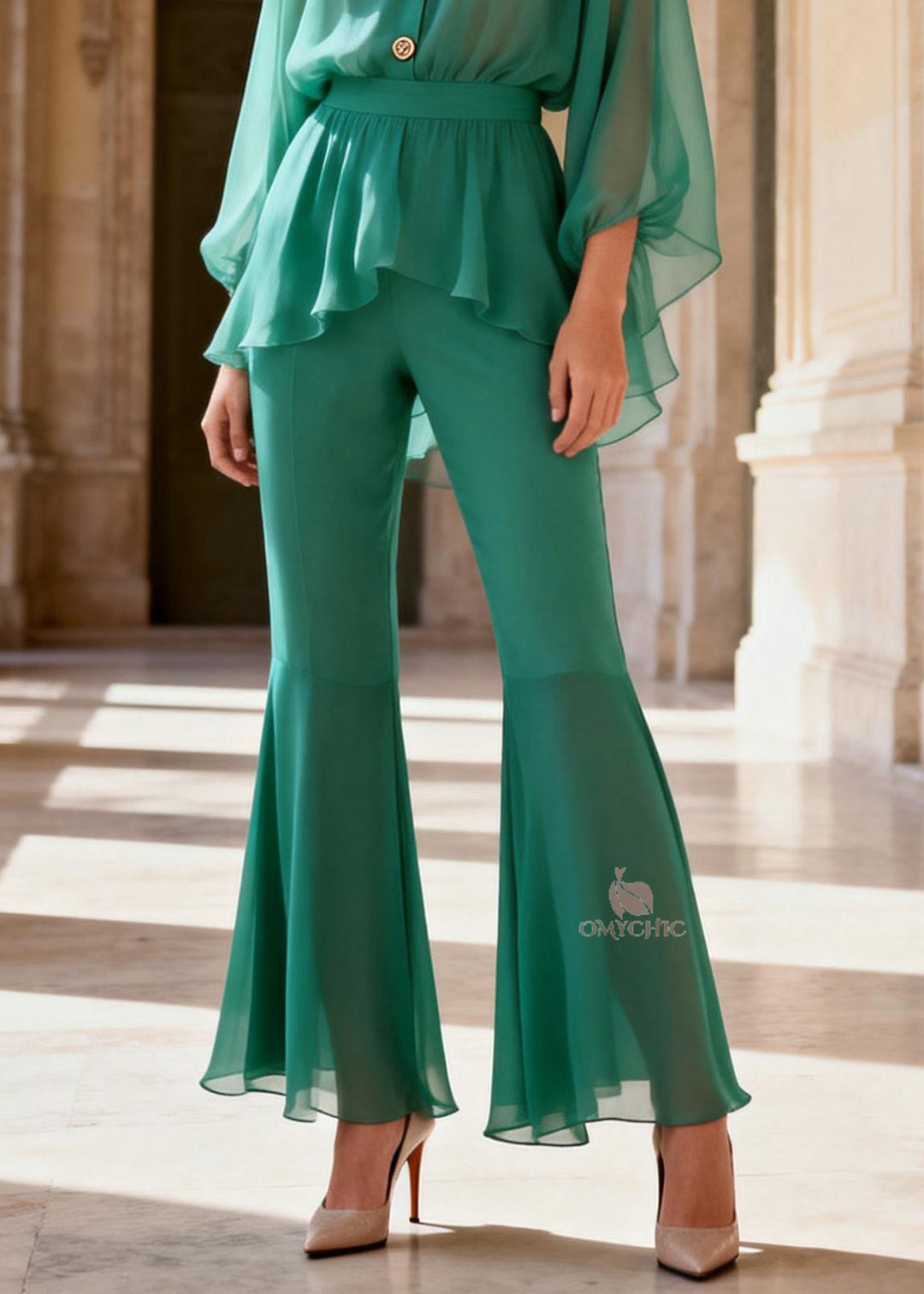 Stylish Green V Neck Patchwork Silk Two Piece Set Women Clothing Summer
