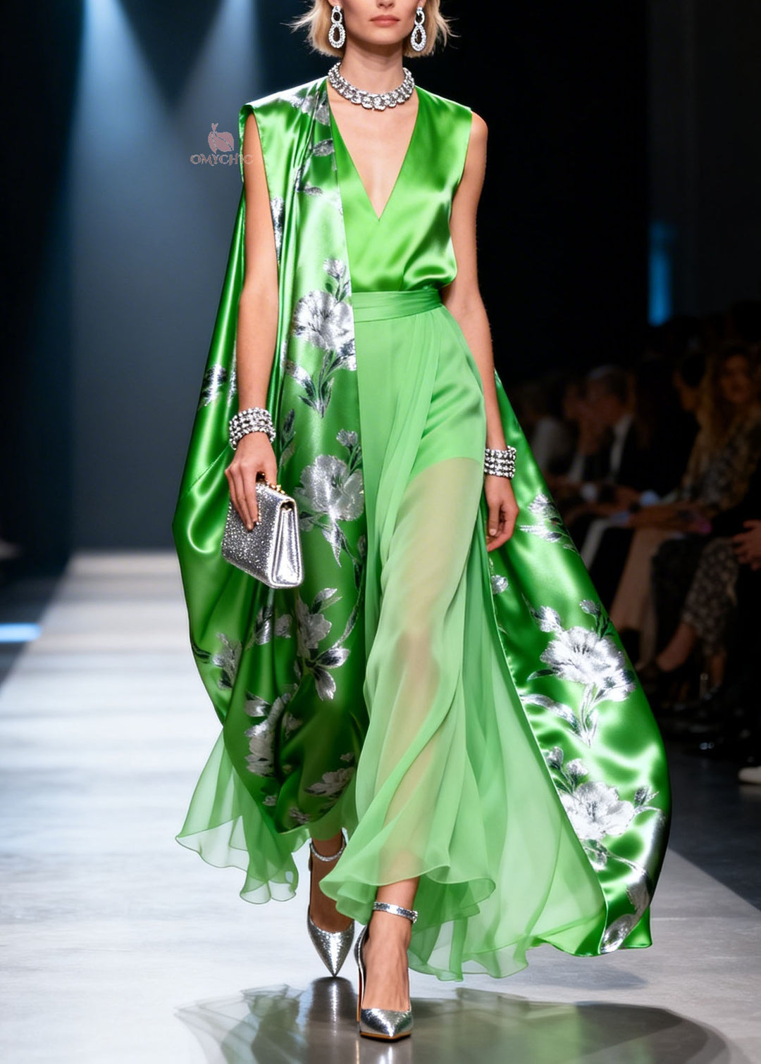 Stylish Green V Neck Print Chiffon Two Piece Set Outfits Summer