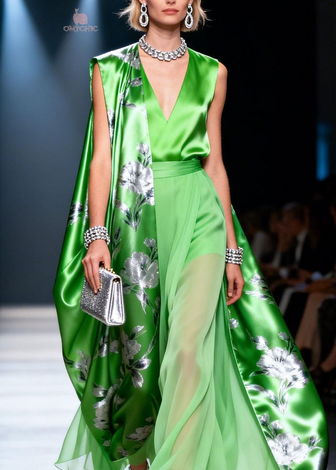 Stylish Green V Neck Print Chiffon Two Piece Set Outfits Summer