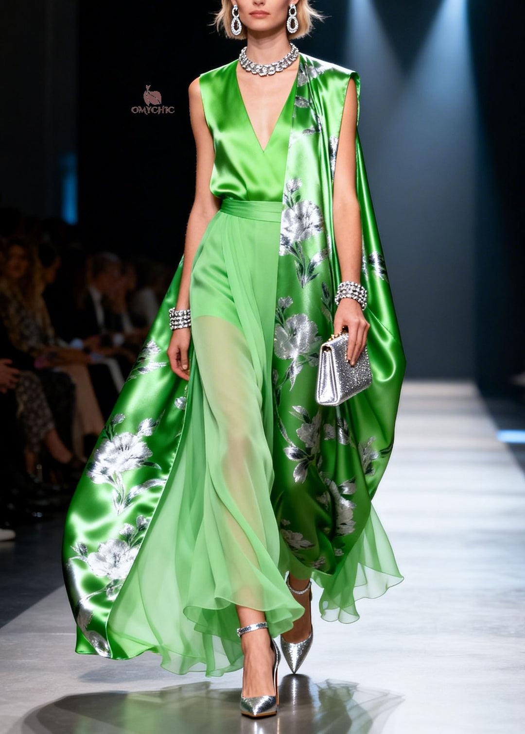 Stylish Green V Neck Print Chiffon Two Piece Set Outfits Summer