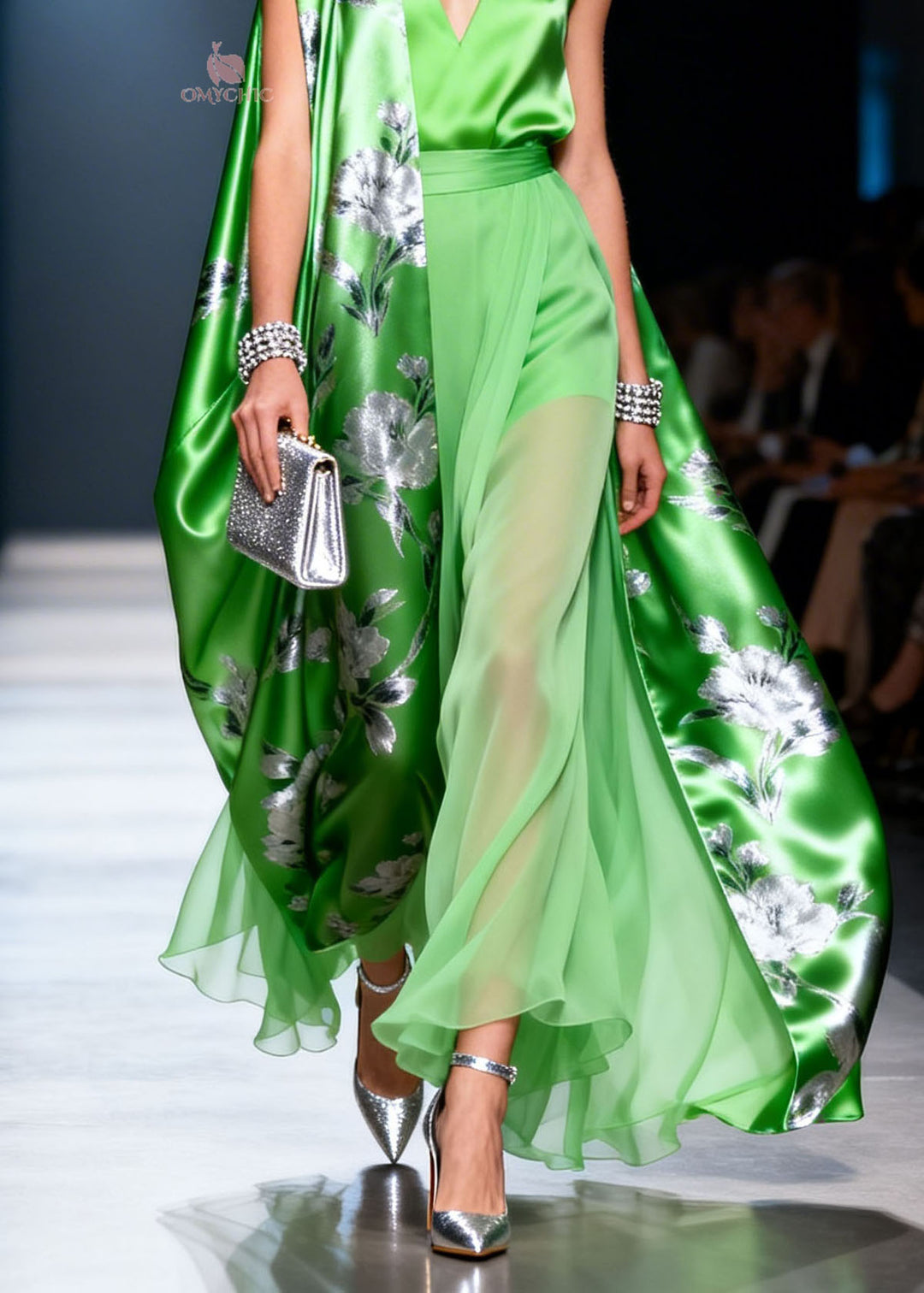 Stylish Green V Neck Print Chiffon Two Piece Set Outfits Summer