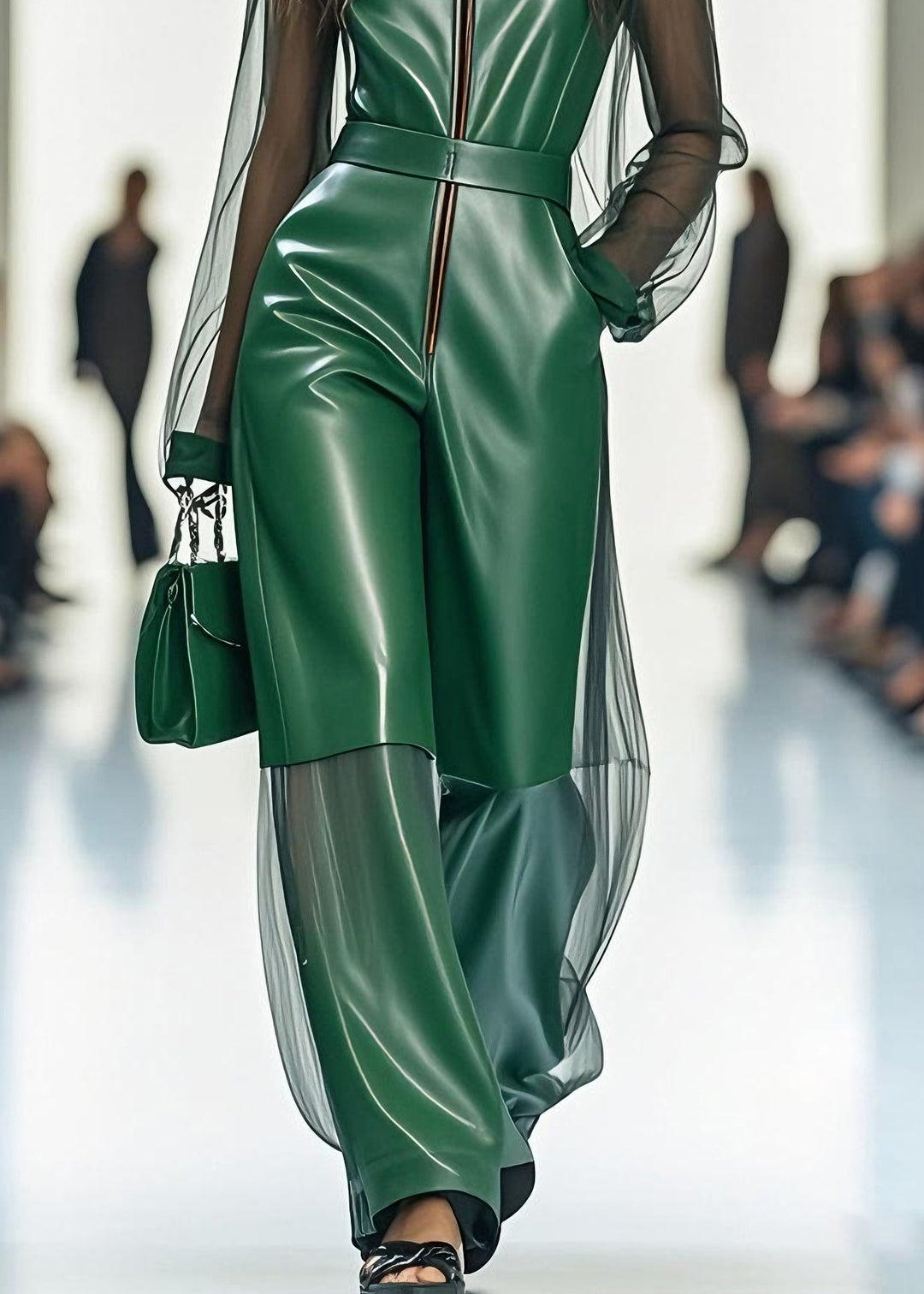 Stylish Green Zip Up Tulle Patchwork Faux Leather Jumpsuits Summer