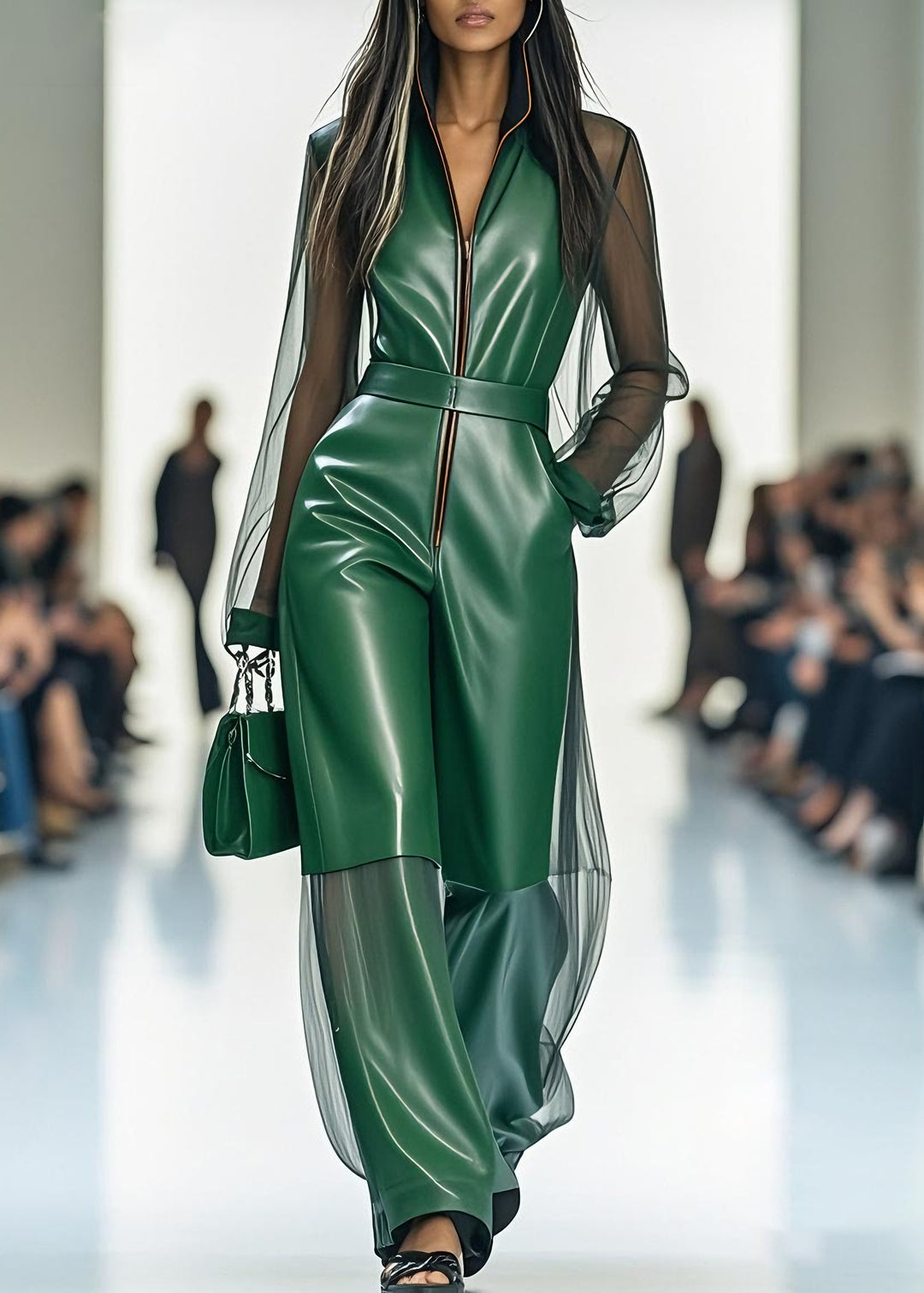 Stylish Green Zip Up Tulle Patchwork Faux Leather Jumpsuits Summer