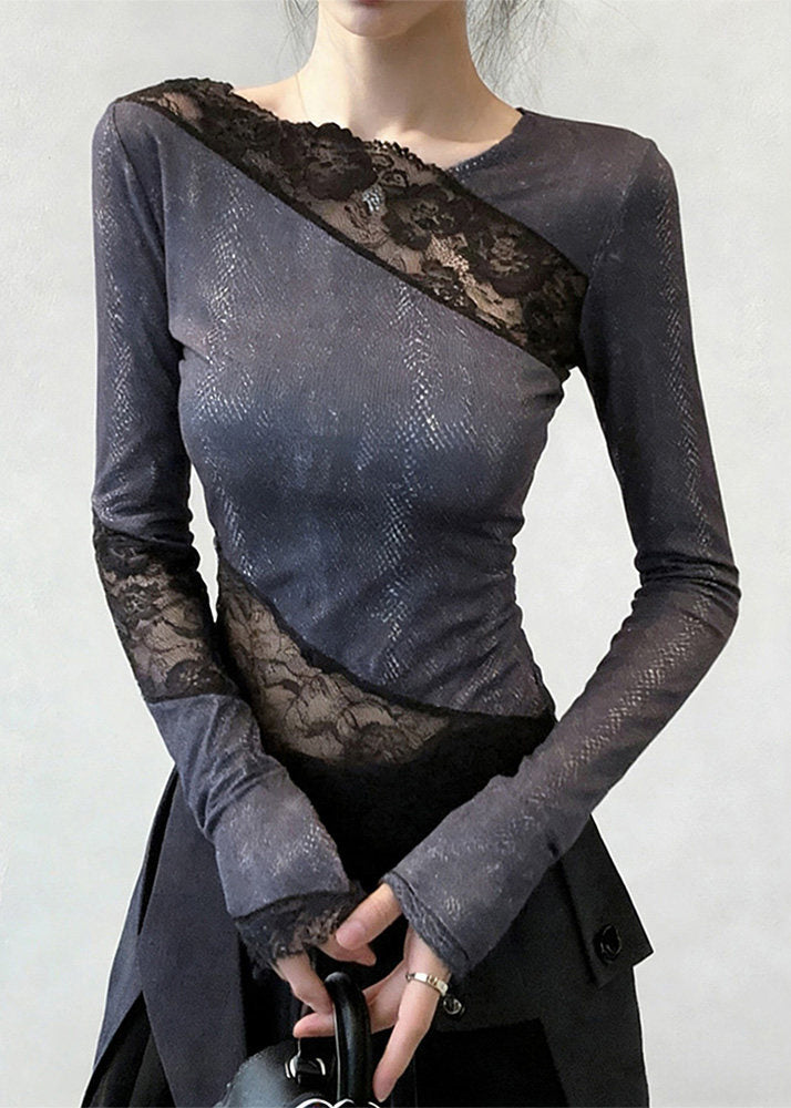 Stylish Grey Asymmetrical Lace Patchwork T Shirts Spring