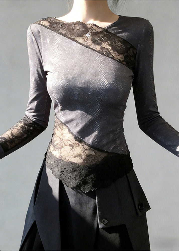 Stylish Grey Asymmetrical Lace Patchwork T Shirts Spring