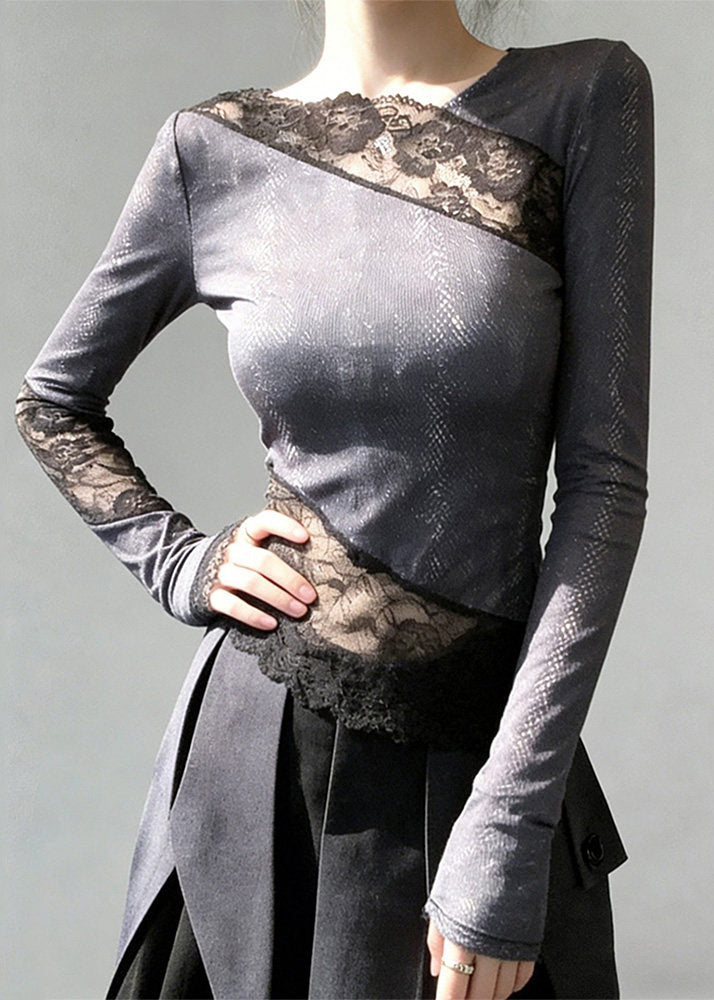 Stylish Grey Asymmetrical Lace Patchwork T Shirts Spring