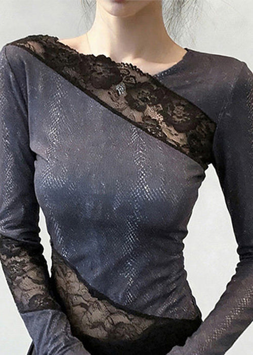Stylish Grey Asymmetrical Lace Patchwork T Shirts Spring