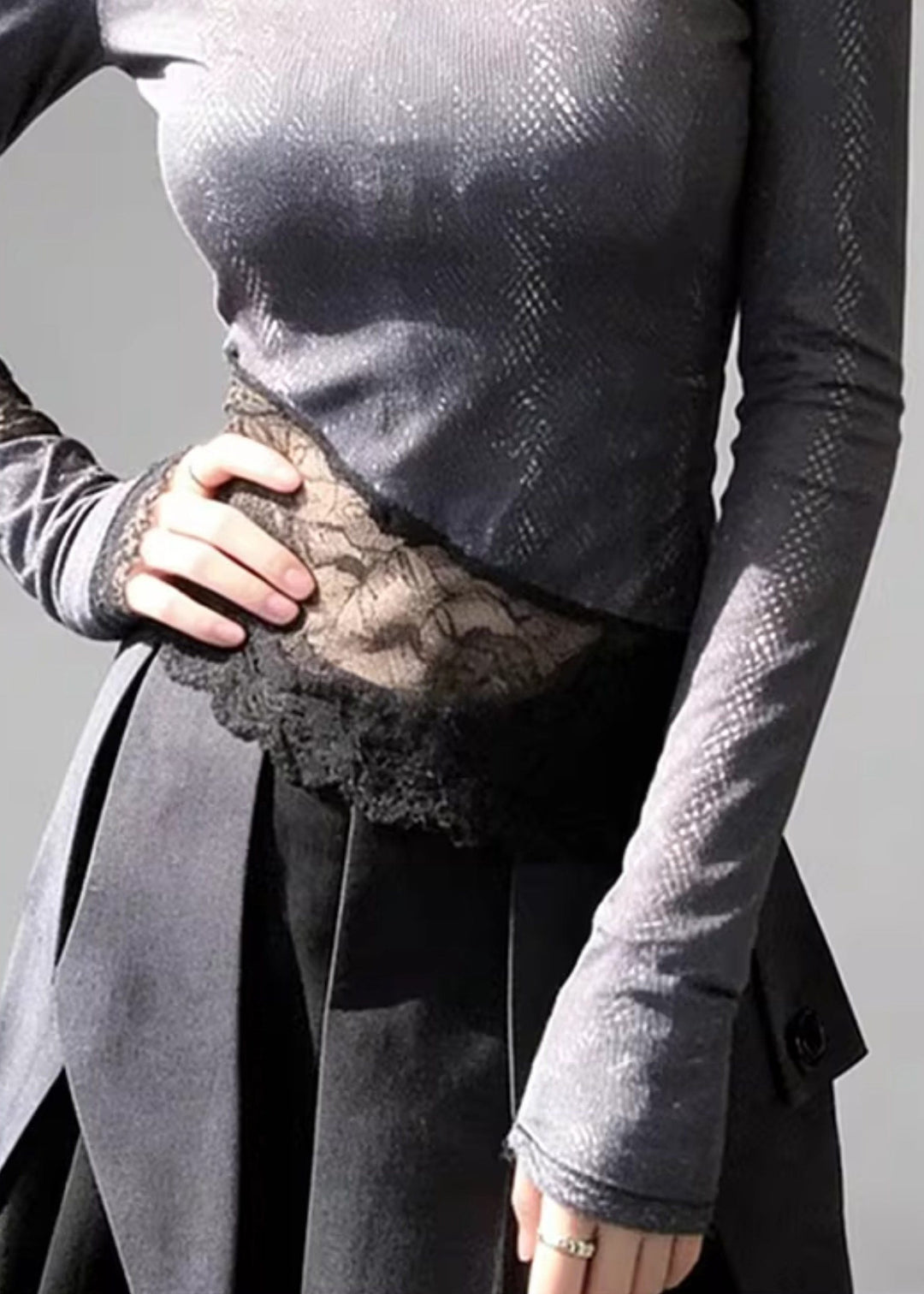 Stylish Grey Asymmetrical Lace Patchwork T Shirts Spring