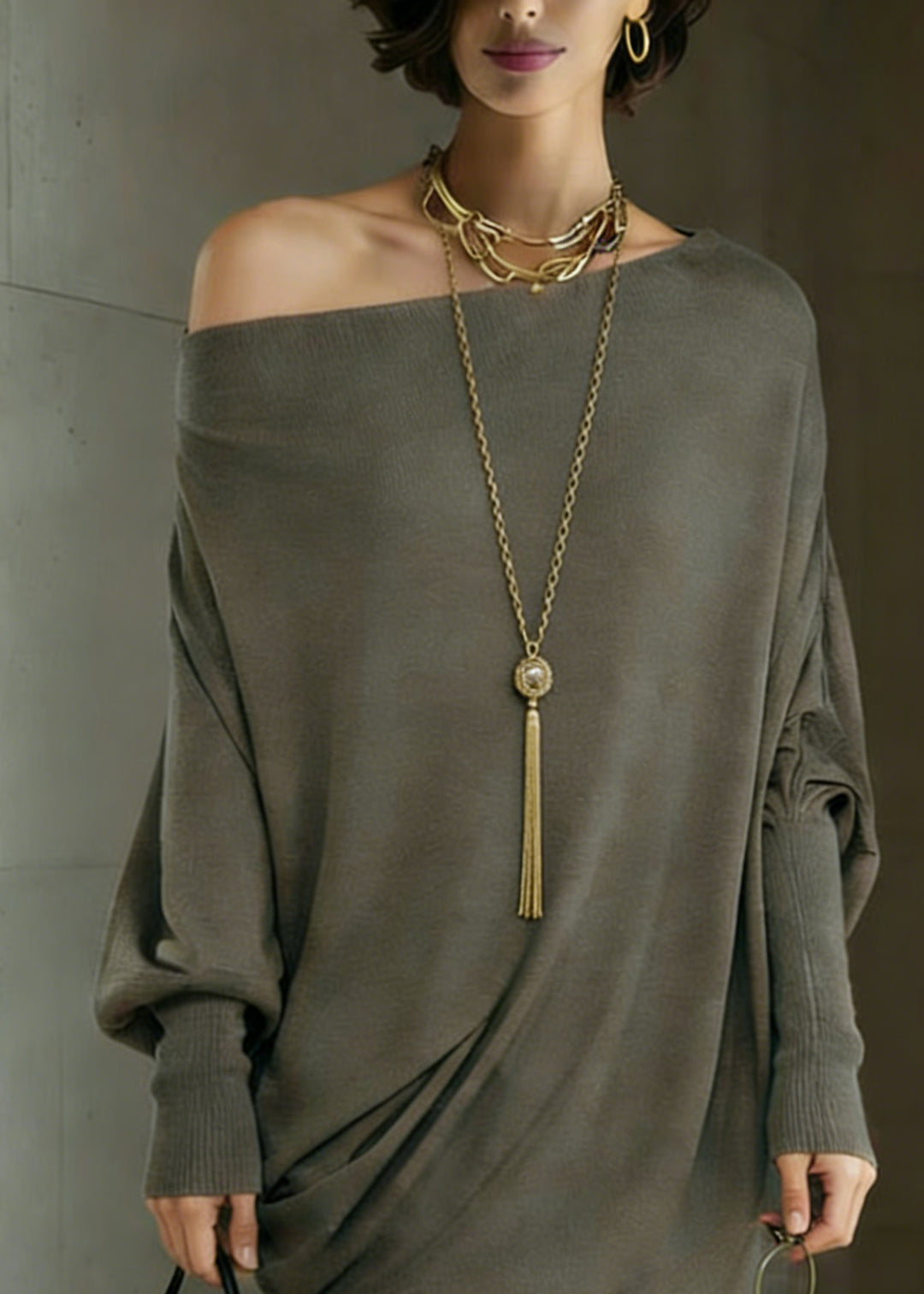 Stylish Grey Asymmetrical Woolen Knit Top Batwing Sleeve