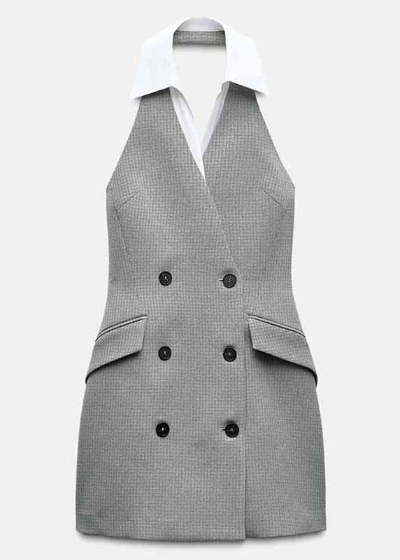 Stylish Grey Backless Double Breast Spandex Mini Dresses Sleeveless