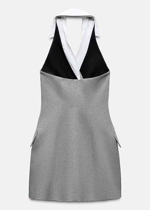 Stylish Grey Backless Double Breast Spandex Mini Dresses Sleeveless