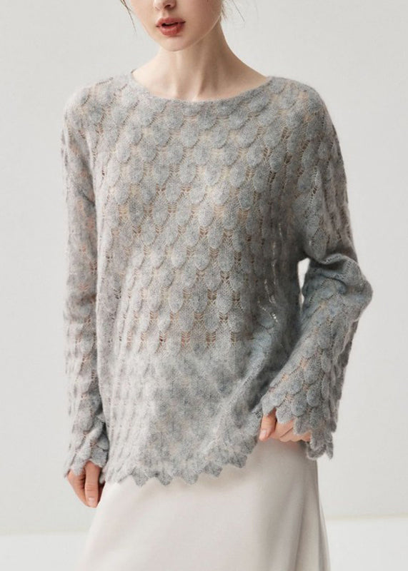 Stylish Grey Cozy Solid Wool Knit Sweaters Flare Sleeve