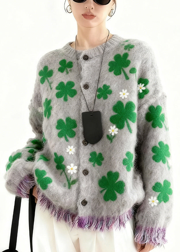 Stylish Grey Four Leaf Clover Button Knit Coats Spring