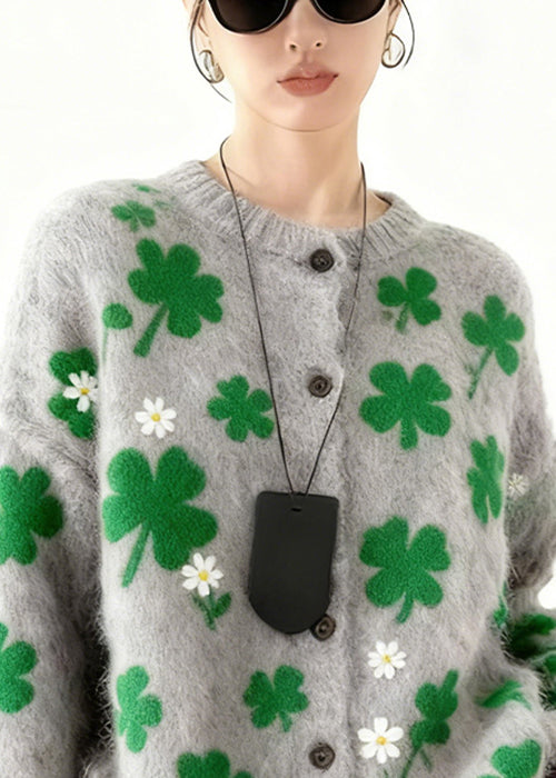 Stylish Grey Four Leaf Clover Button Knit Coats Spring