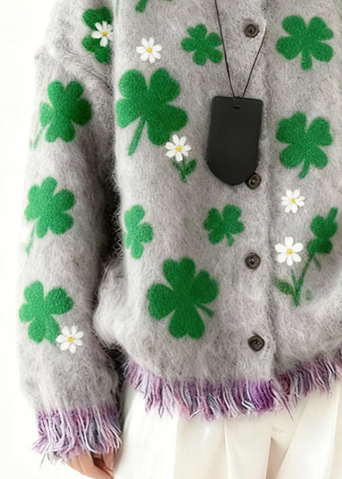 Stylish Grey Four Leaf Clover Button Knit Coats Spring