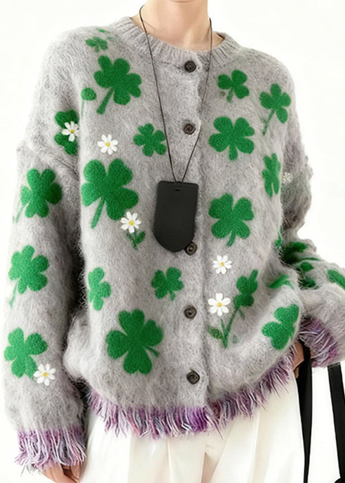 Stylish Grey Four Leaf Clover Button Knit Coats Spring