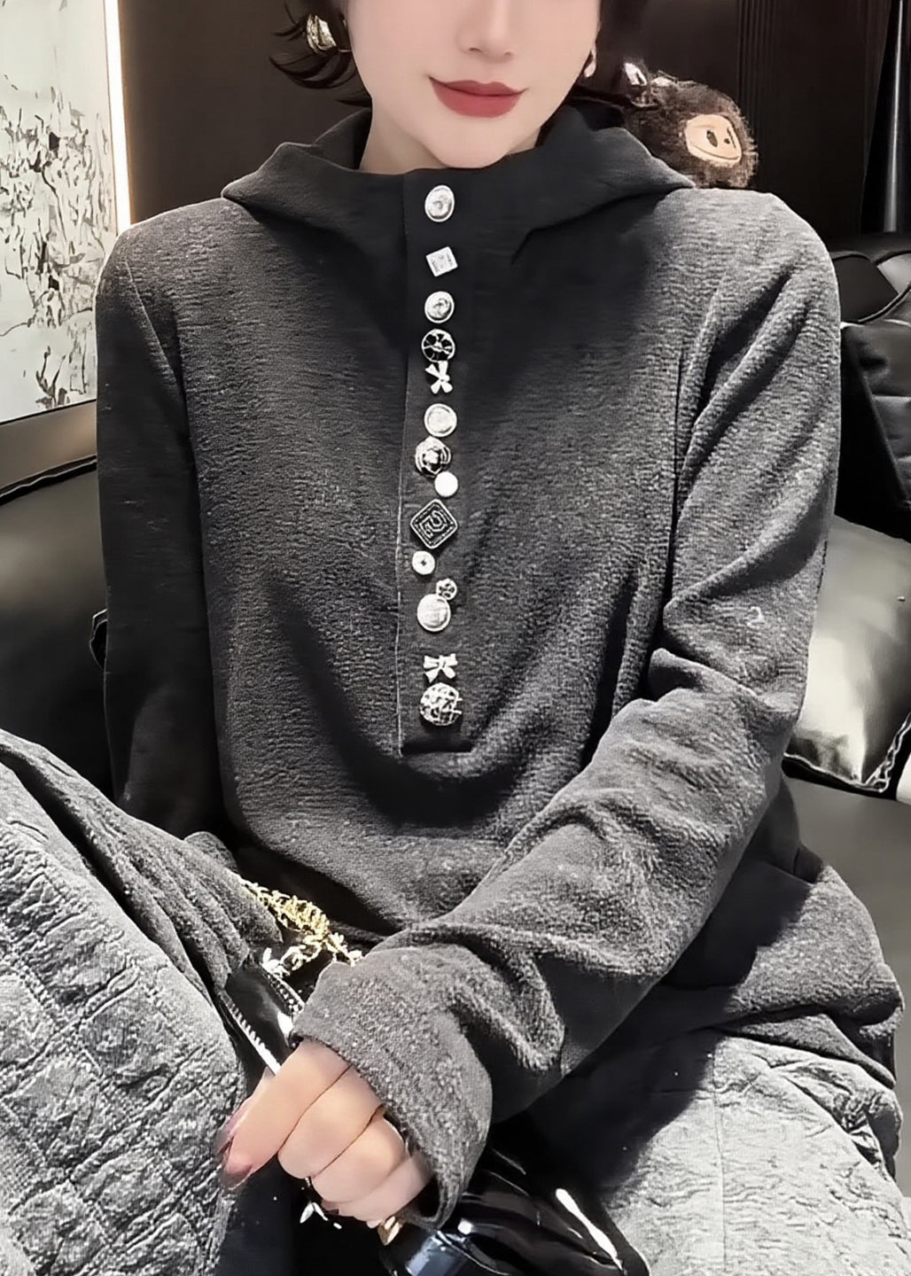 Stylish Grey Hooded Cotton Pullover Sweatshirt Spring