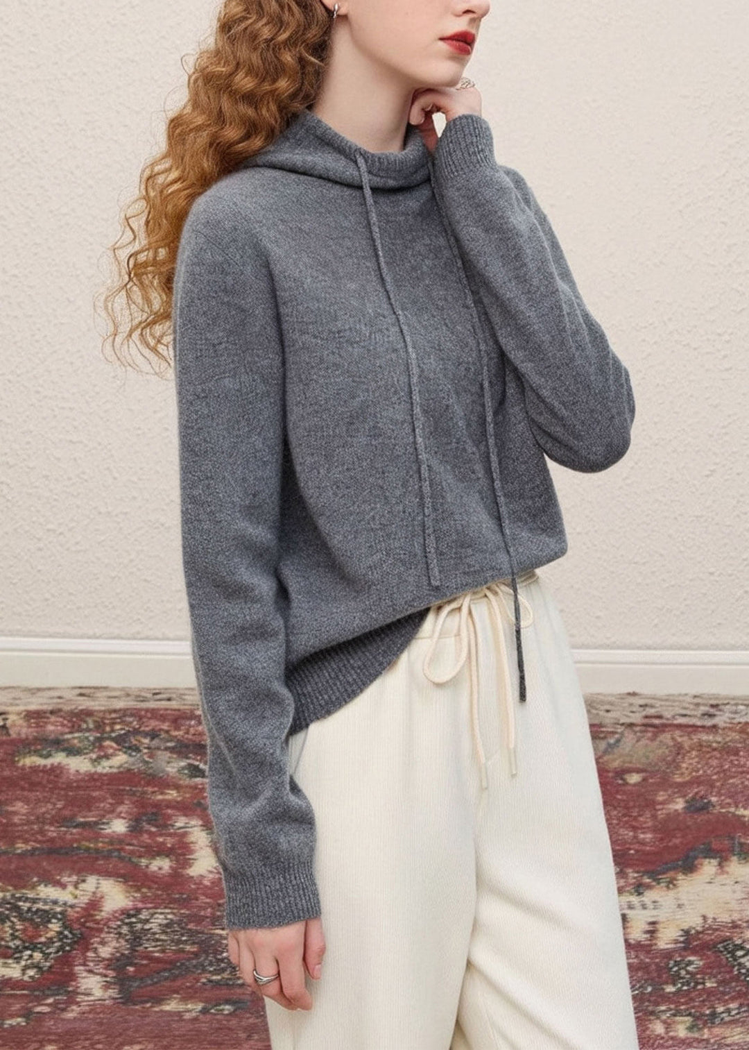 Stylish Grey Hooded Drawstring Knit Pullover Spring