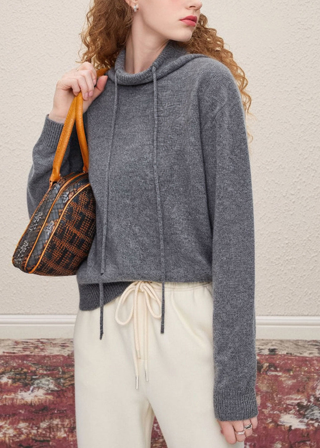 Stylish Grey Hooded Drawstring Knit Pullover Spring