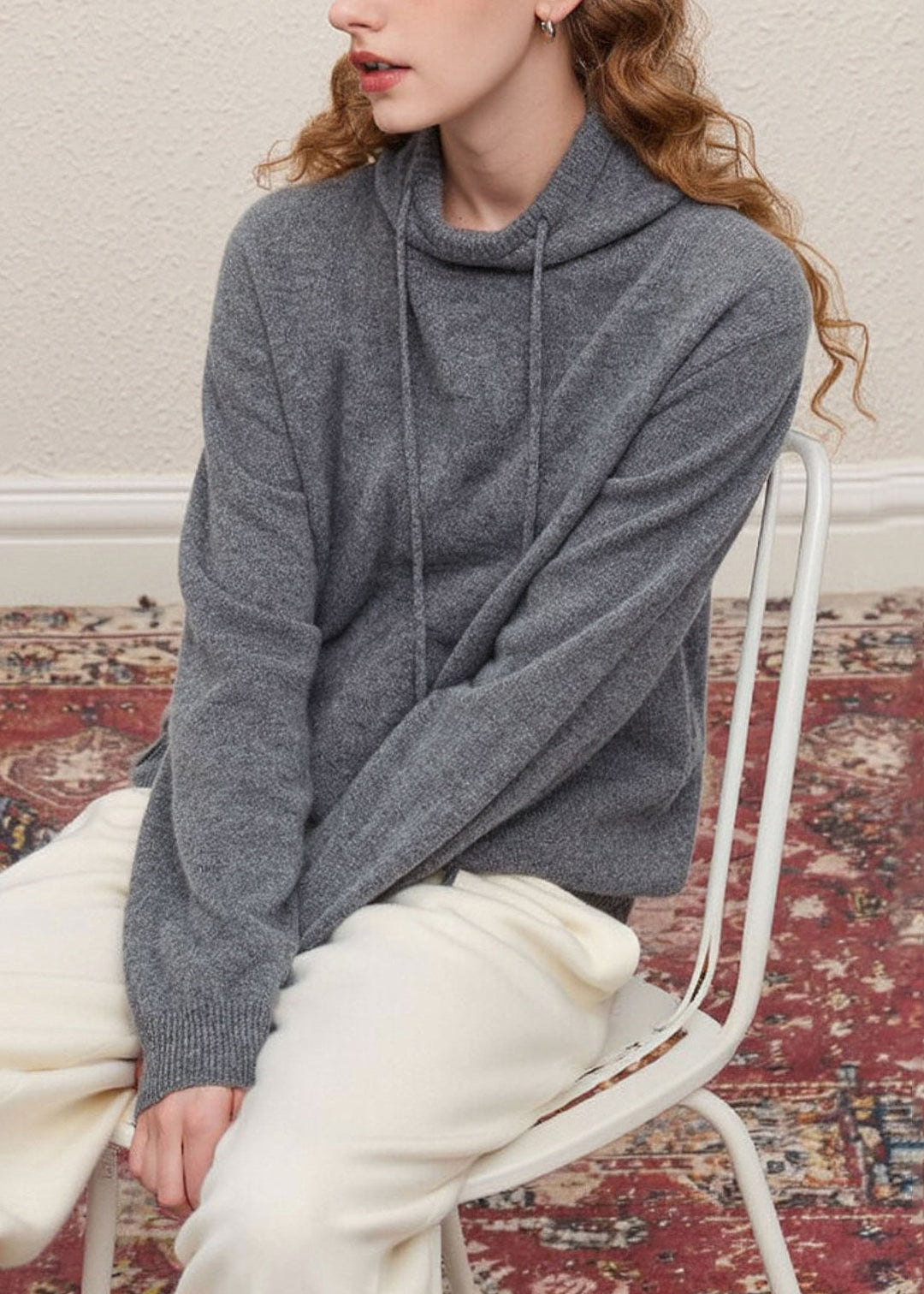Stylish Grey Hooded Drawstring Knit Pullover Spring