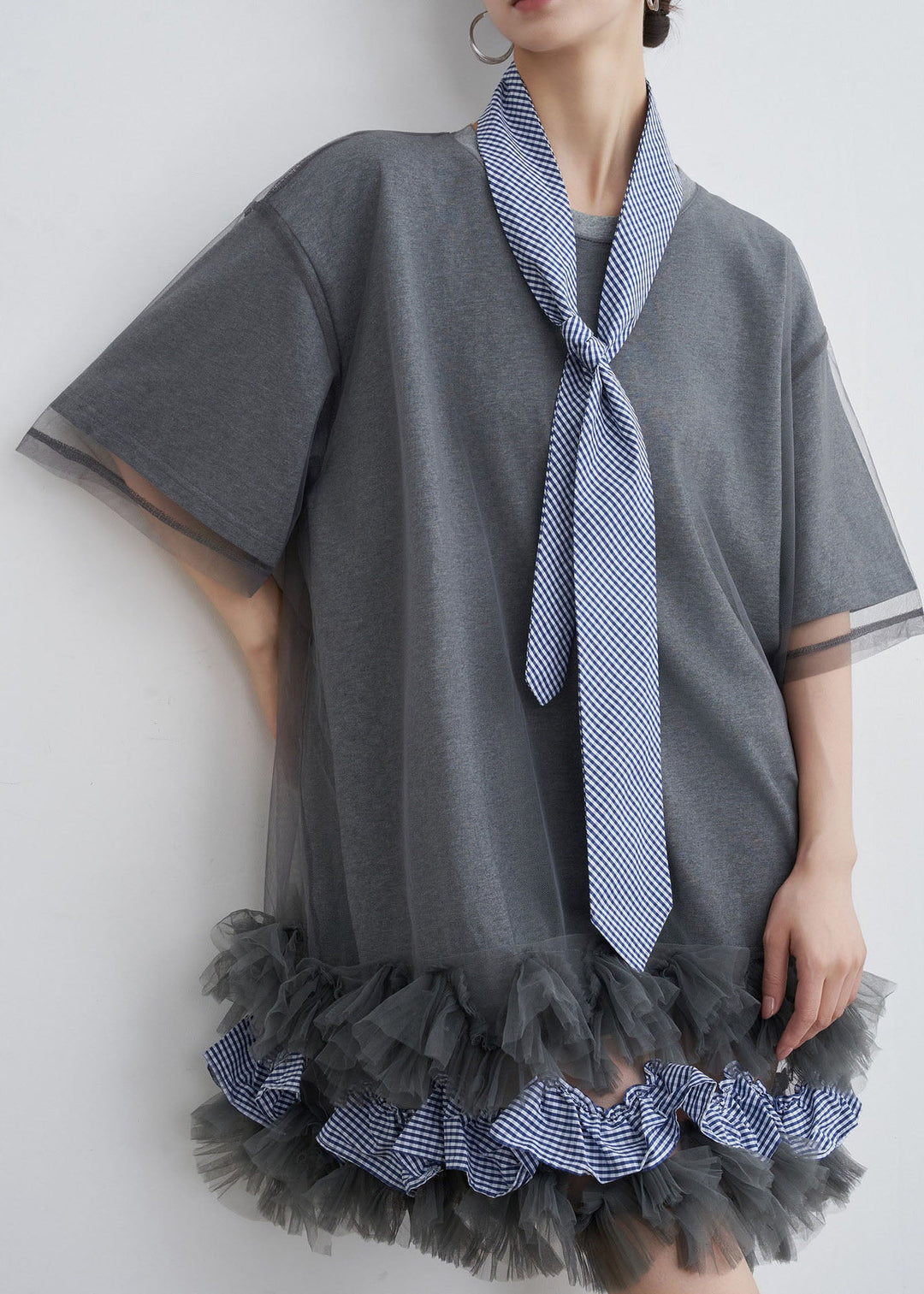 Stylish Grey O Neck Tulle Patchwork Cotton T Shirt Dresses Summer