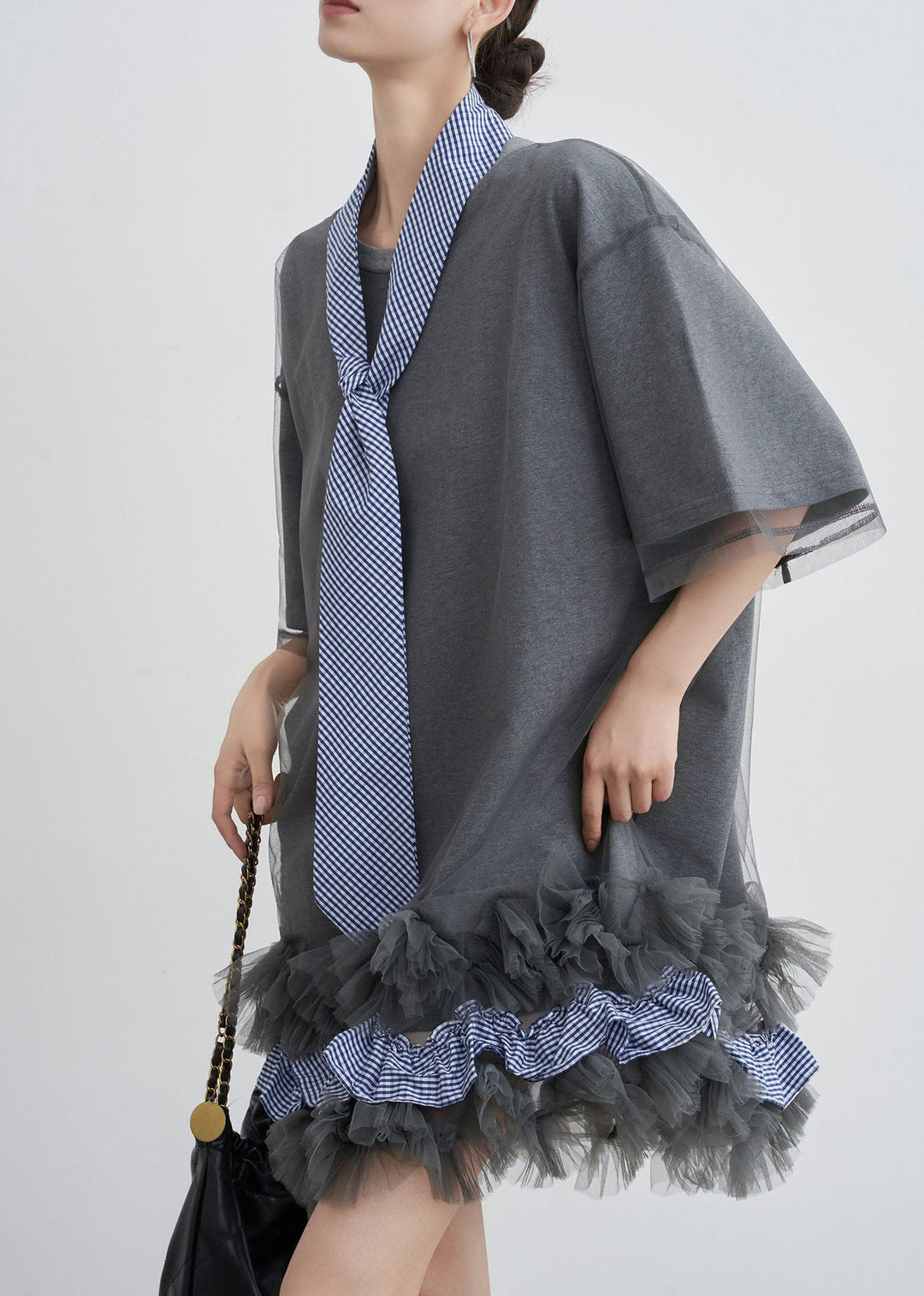 Stylish Grey O Neck Tulle Patchwork Cotton T Shirt Dresses Summer