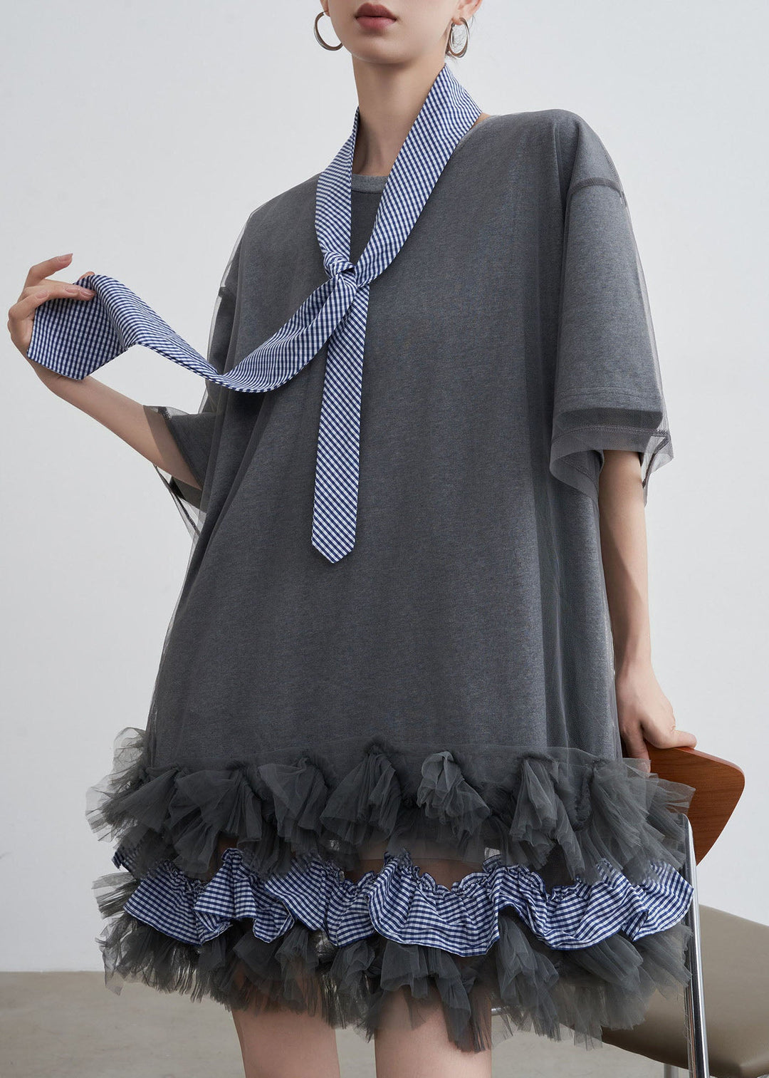 Stylish Grey O Neck Tulle Patchwork Cotton T Shirt Dresses Summer