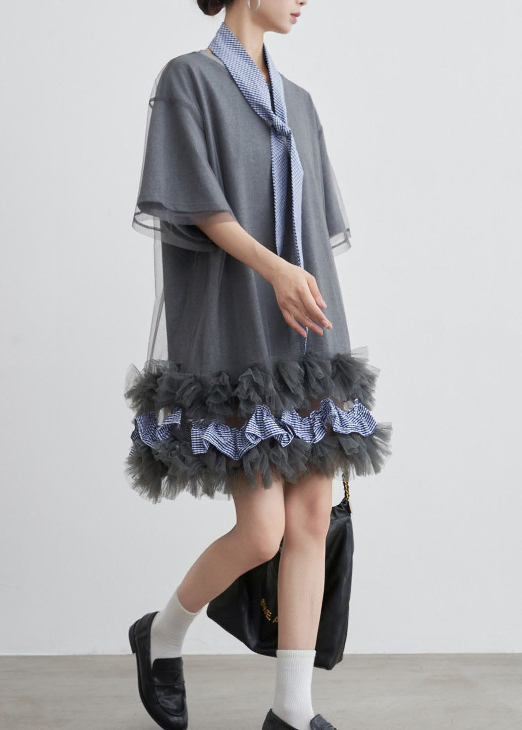 Stylish Grey O Neck Tulle Patchwork Cotton T Shirt Dresses Summer