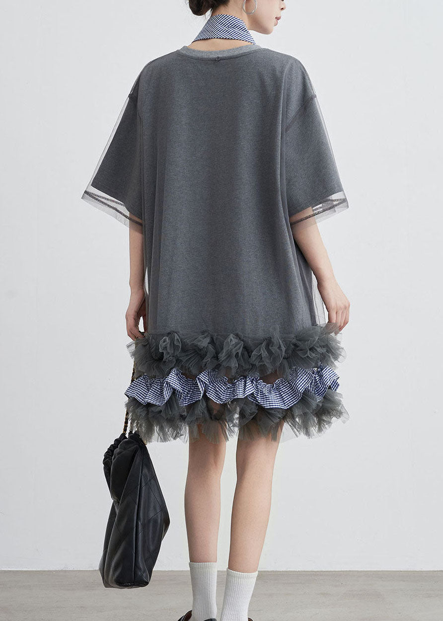 Stylish Grey O Neck Tulle Patchwork Cotton T Shirt Dresses Summer