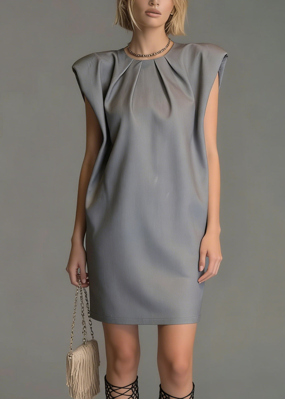 Stylish Grey O Neck Wrinkled Mid Dresses Summer
