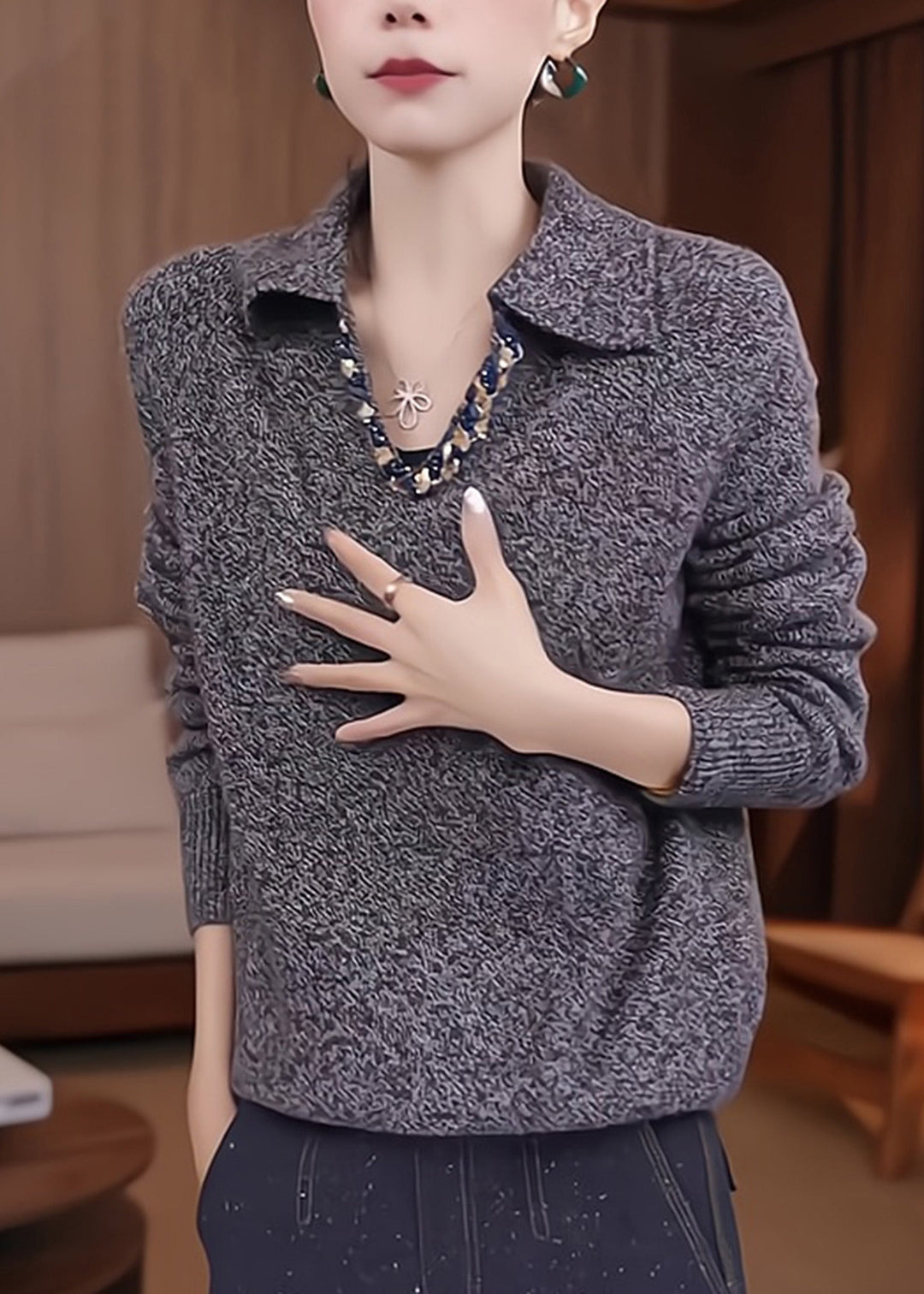 Stylish Grey Peter Pan Collar Patchwork Thick Cotton Knit Sweaters Fall