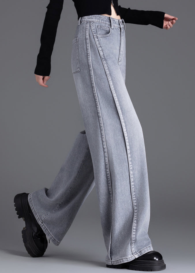 Stylish Grey Pockets Patchwork Denim Wide Leg Pants Spring