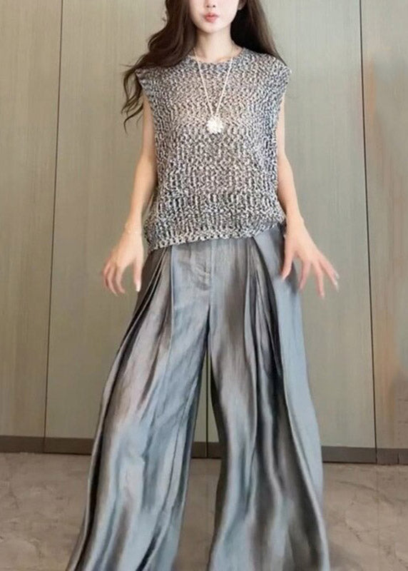 Stylish Grey Print T Shirt And Wide Leg Pants Two Pieces Set Summer