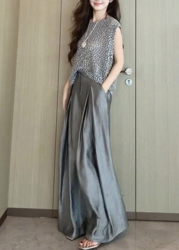 Stylish Grey Print T Shirt And Wide Leg Pants Two Pieces Set Summer