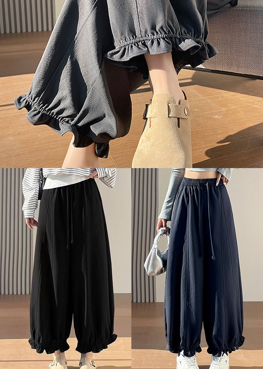 Stylish Grey Ruffled Cotton Wide Leg Pants Fall
