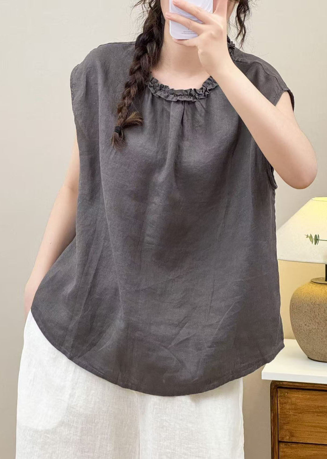 Stylish Grey Ruffled Linen Shirt Top Sleeveless