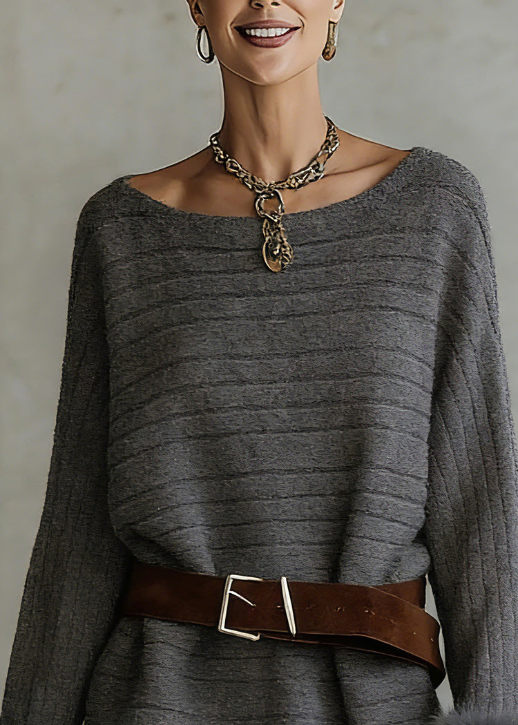 Stylish Grey Slash Neck Striped Cotton Knit Sweater Spring - Omychic