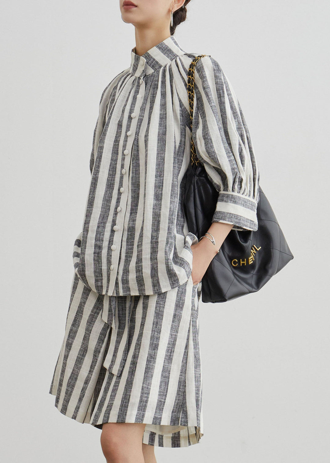Stylish Grey Stand Collar Striped Cotton Two Pieces Set Summer