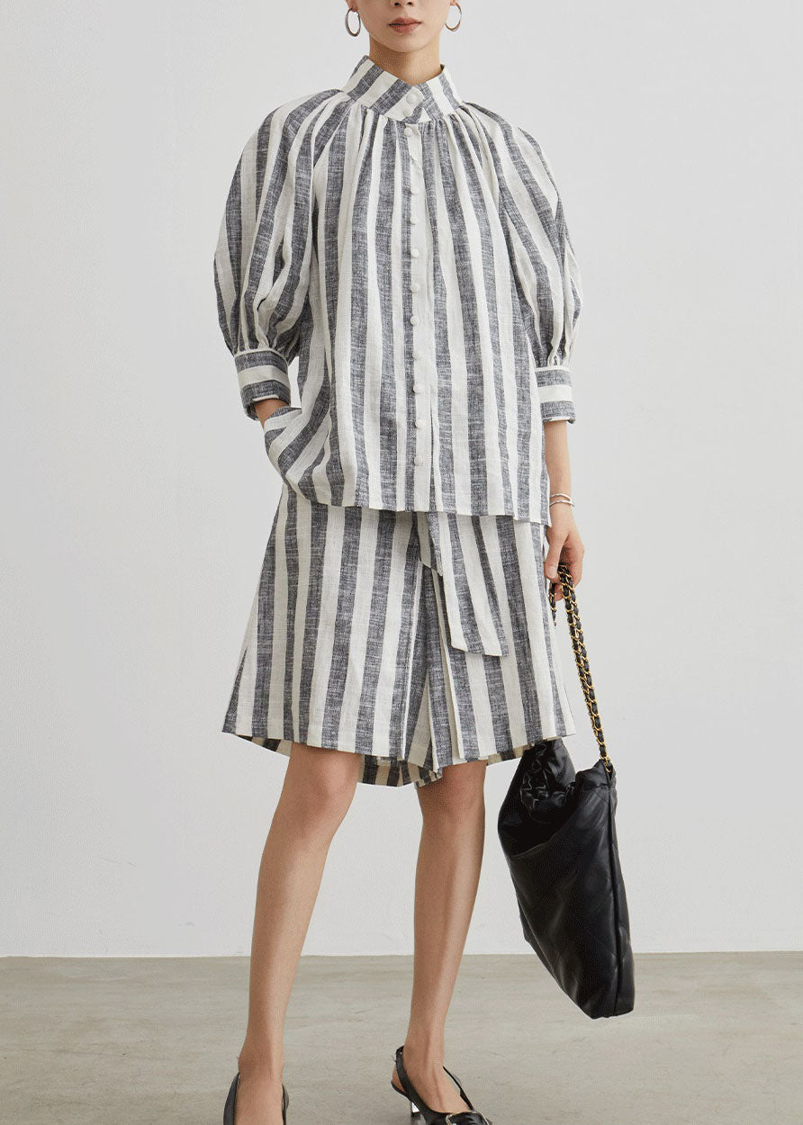 Stylish Grey Stand Collar Striped Cotton Two Pieces Set Summer