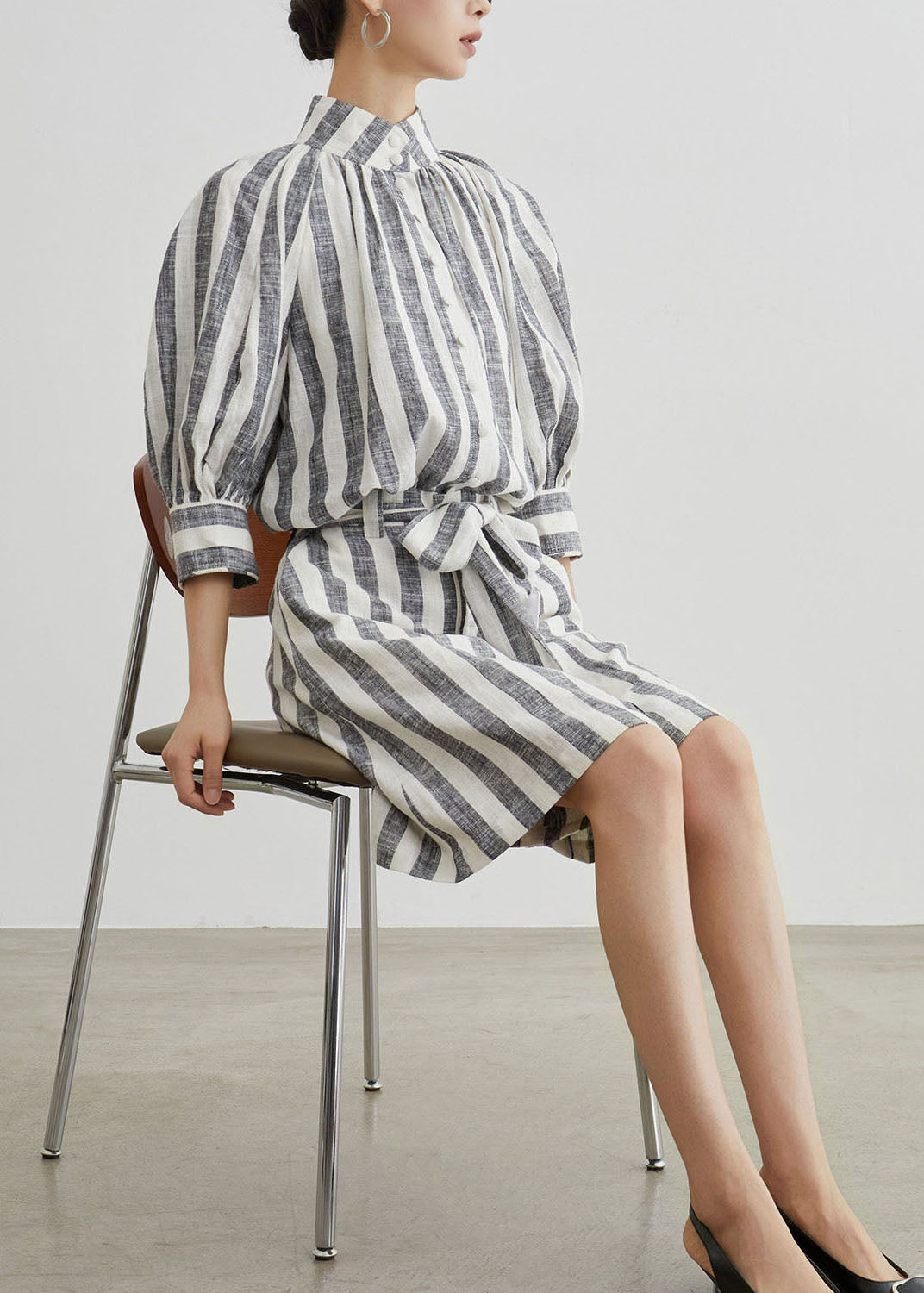 Stylish Grey Stand Collar Striped Cotton Two Pieces Set Summer