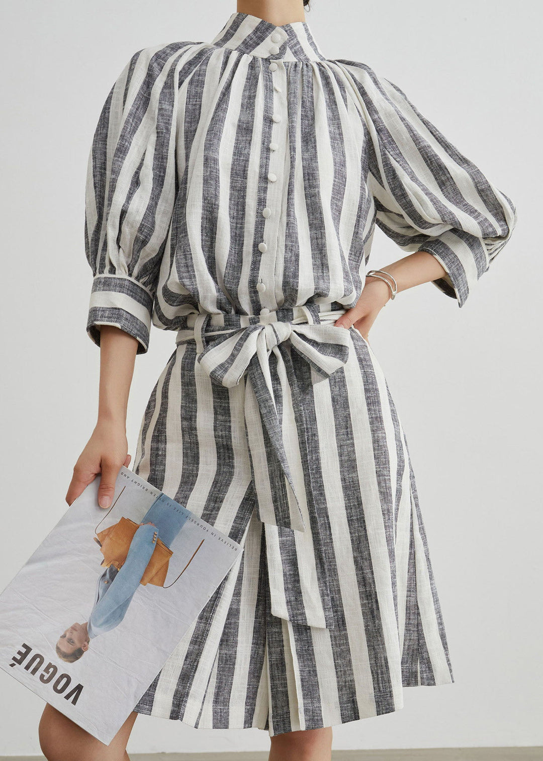 Stylish Grey Stand Collar Striped Cotton Two Pieces Set Summer
