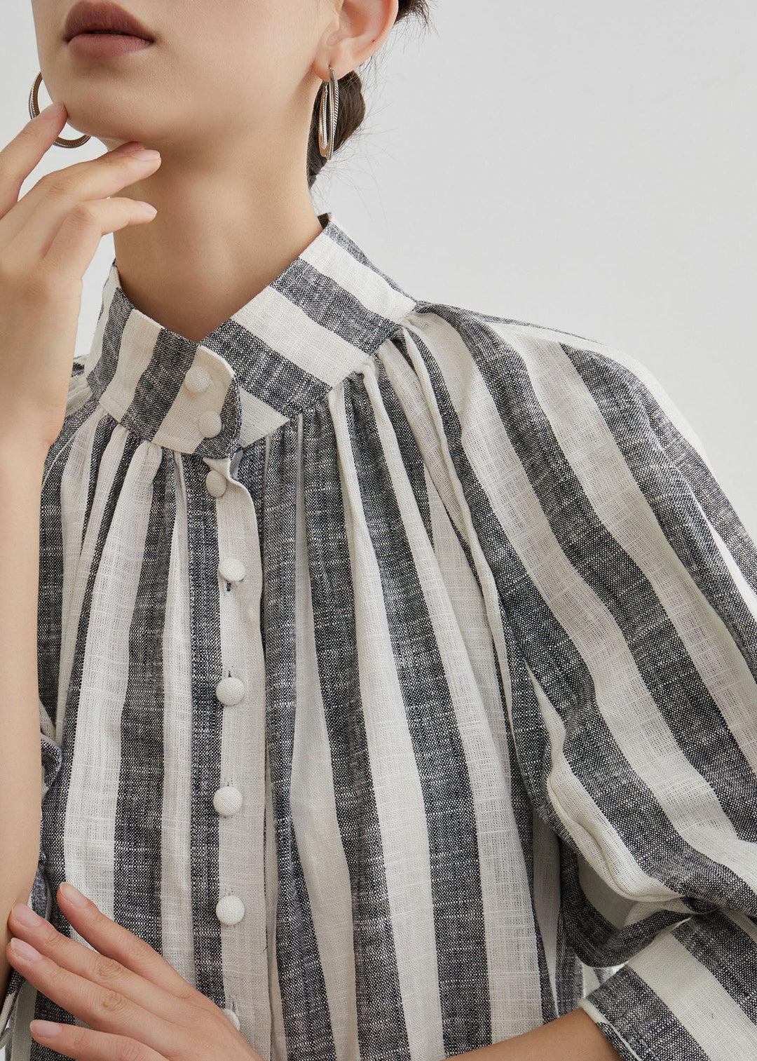 Stylish Grey Stand Collar Striped Cotton Two Pieces Set Summer