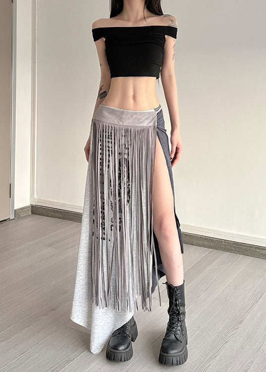 Stylish Grey Tasseled Side Open Cotton Skirt Two Pieces Set Summer