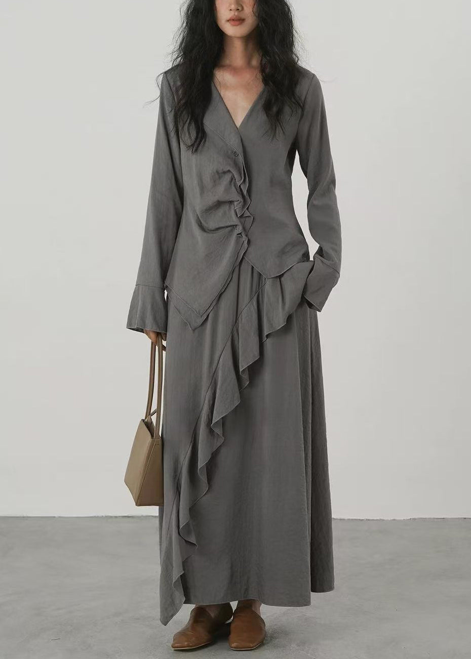 Stylish Grey V Neck Asymmetrical Ruffled Two Pieces Set Long Sleeve