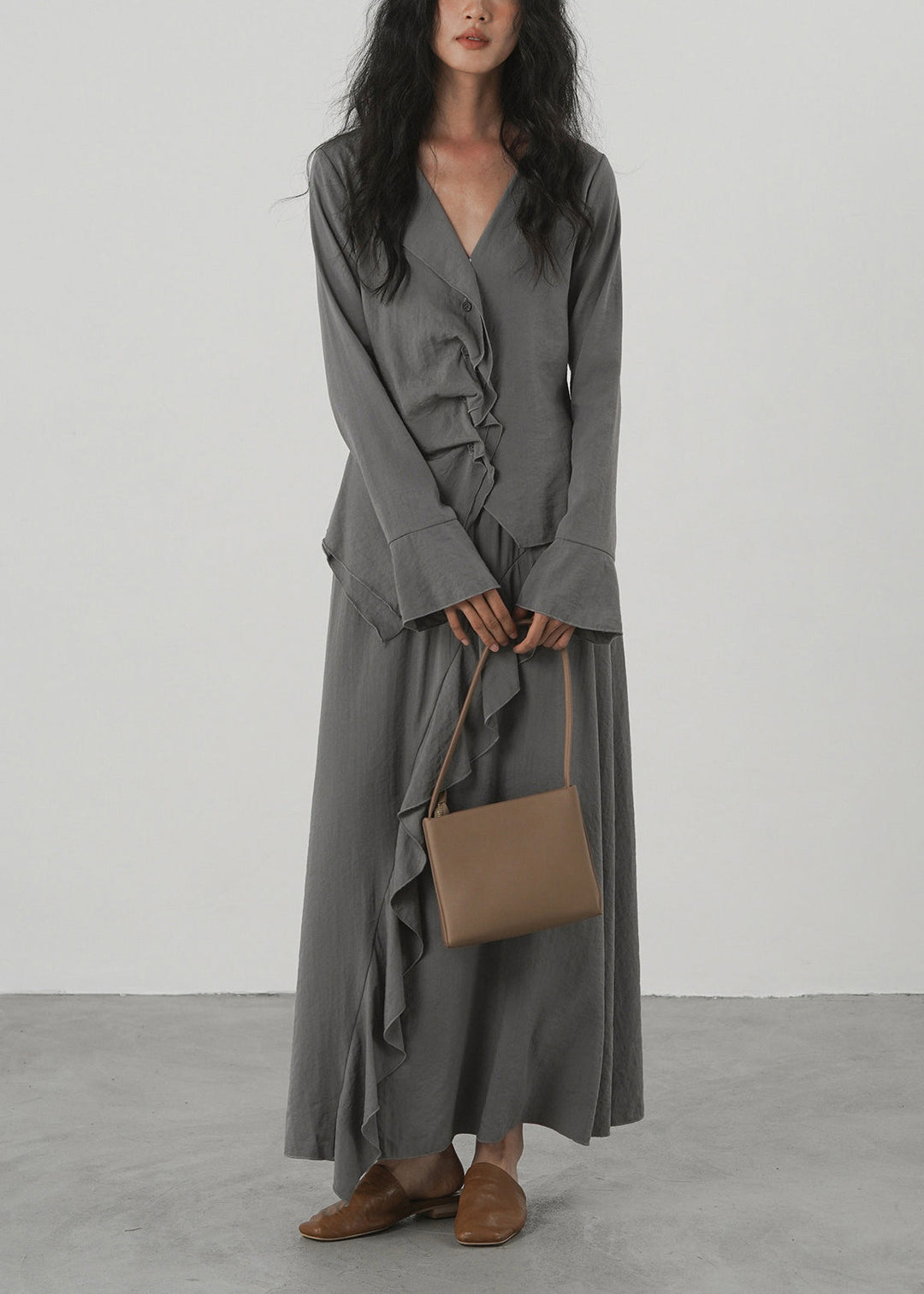 Stylish Grey V Neck Asymmetrical Ruffled Two Pieces Set Long Sleeve